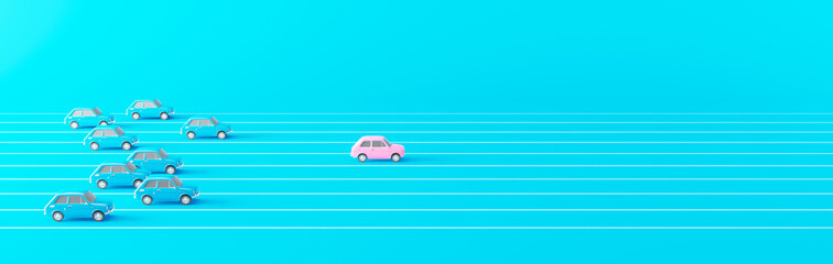 Business competition concept. Pink car leading the race against a group of slower blue cars 3d render 3d illustration - obrazy, fototapety, plakaty