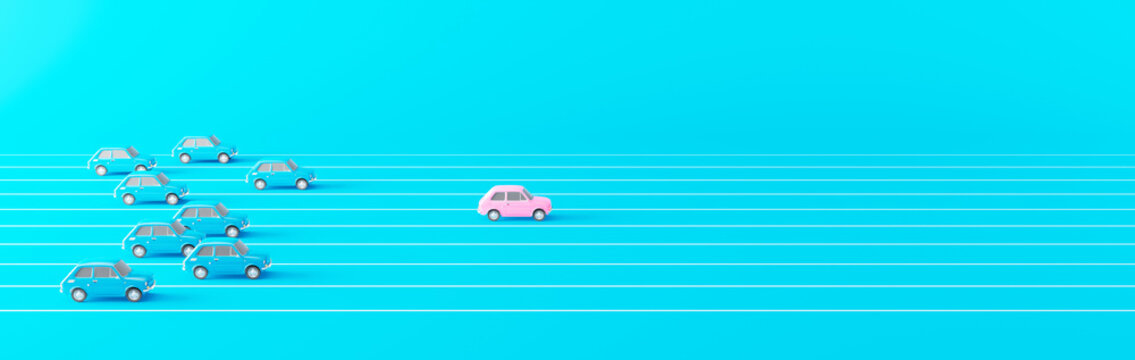 Business competition concept. Pink car leading the race against a group of slower blue cars 3d render 3d illustration