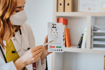 Female ophthalmologist pointing at eye chart in clinic