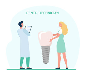 Tiny dental technicians preparing veneer for patient. Cartoon dentists examining dental implant flat vector illustration. Stomatology, healthcare concept for banner, website design or landing web page