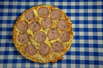 Homemade pizza with mozzarella cheese and smoked tenderloin