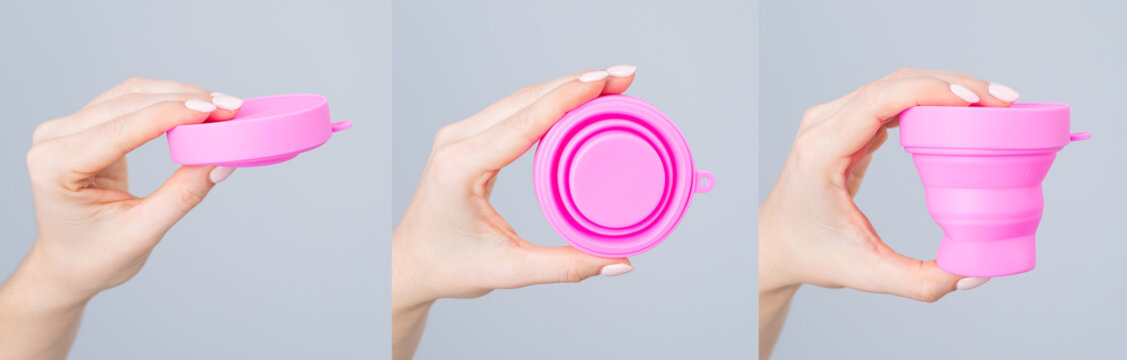 Folded container for sterilizing the menstrual cup on a white background. Collage