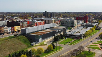 Aerial scene of the downtown of Brantford, Ontario, Canada