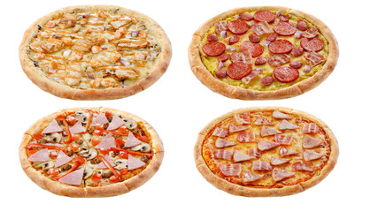 Set of four pizzas isolated on white background. Italian food concept. Appetizing pizza.