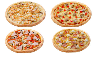 Set of four pizzas isolated on white background. Italian food concept. Appetizing pizza.