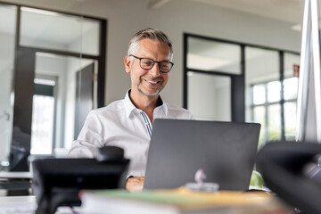 Smiling businessman using laptop while sitting at desk in office