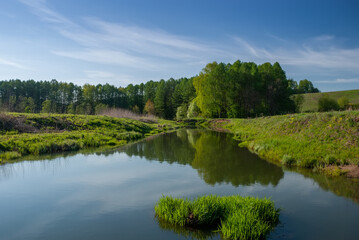 The spring landscape of the forest on the river bank and the blue sky with reflection in the water.