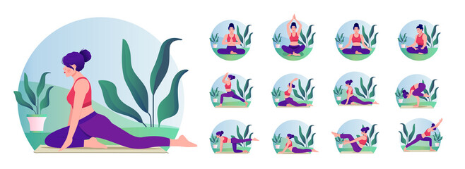 Yoga Poses Set. Young woman practicing Yoga pose. Woman workout fitness, aerobic and exercises. Vector Illustration.