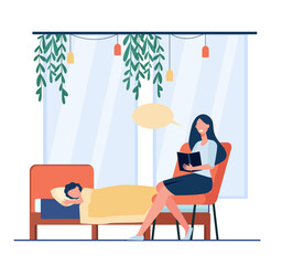 Mother reading bedtime story to child. Cartoon woman sitting in chair with book, kid lying in bed flat vector illustration. Parenting, family concept for banner, website design or landing web page