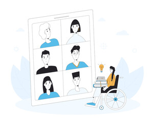 Video call conference. Book club online meeting. Reading lovers digital communication. People talking to each other about literature on tablet screen. Phone with video chat.