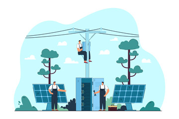 Electricians repairing electrical and solar panels on streets. Flat vector illustration. Masters fixing electrical equipment on ground and electric pole. Electricity, repair, service, safety concept - obrazy, fototapety, plakaty