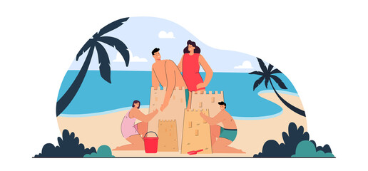 Obraz na płótnie Canvas Happy family building sand castle on beach. Flat vector illustration. Young parents and children in swimsuits having rest on seaside. Family, sea resort, holiday concept for banner design