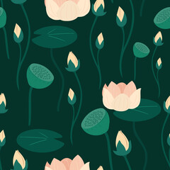 Seamless pattern with lotus and water lily blooming on a dark green background