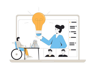 Home schooling. Online group diverse education for teenagers. Digital inclusion learning. Young student in wheelchair in virtual classroom have a lesson. Video course. Vector concept illustration.