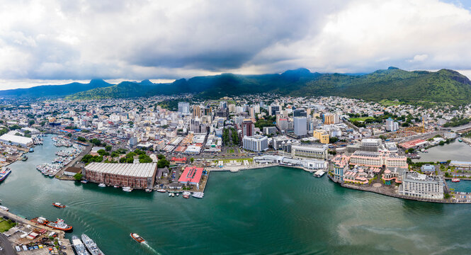 Landscape scenery of mountain range behind cityscape at Port Louis, Mauritius