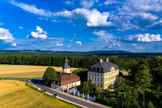 Germany, Bavaria, Eggolsheim, Aerial view of Jagersburg Castle in rural landscape