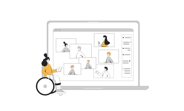 woman in wheelchair video call on laptop clip art preview