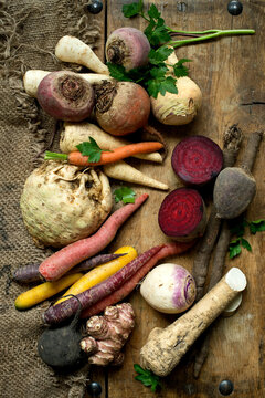 Winter vegetables on rustic wooden background