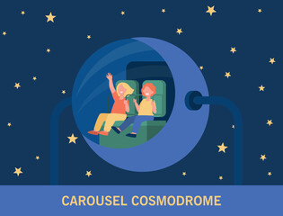 Happy children riding space-themed attraction. Cartoon girls in amusement park or planetarium flat vector illustration. Entertainment, space concept for banner, website design or landing web page