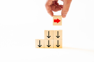 The concept of a businessman choosing the opposite way in business. The concept of finding a different employee