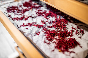 Saffron in wooden storage shelf