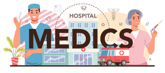 Medics web banner or landing page set. Medical specialist in the uniform