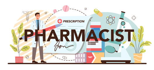 Pharmacist typographic header. Pharmacist selling drugs in bottle