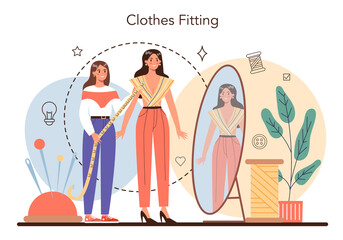 Fashion designer concept. Professional tailor sewing or fitting clothes.