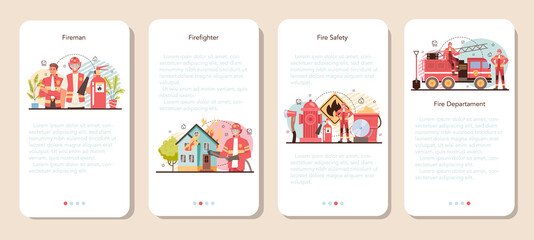 Firefighter mobile application banner set. Professional fire brigade