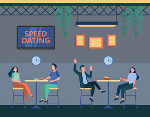 Couples in cafe on speed dating program. Cartoon strangers chatting, clock with timer flat vector illustration. Speed dating, romance concept for banner, website design or landing web page - obrazy, fototapety, plakaty