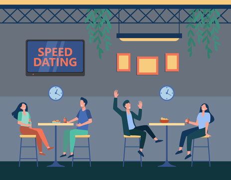 Couples in cafe on speed dating program. Cartoon strangers chatting, clock with timer flat vector illustration. Speed dating, romance concept for banner, website design or landing web page