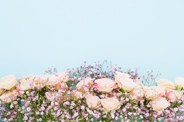 Pink roses and gypsophila flowers border on a blue background, selective focus. Mothers Day, birthday celebration concept.