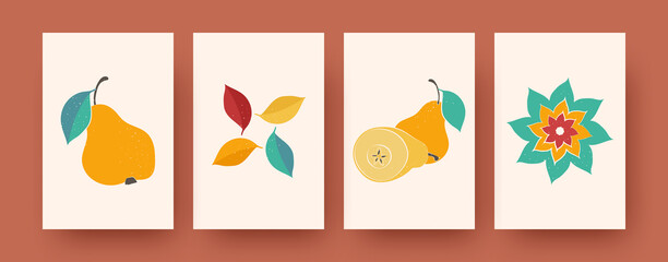 Set of contemporary art posters with pears and leaves. Vector illustration. .Colorful collection of natural elements. Nature, fruit, flower concept for social media, postcards, invitation cards design