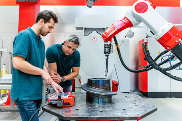 Young male engineer using control by colleague at robotics in factory