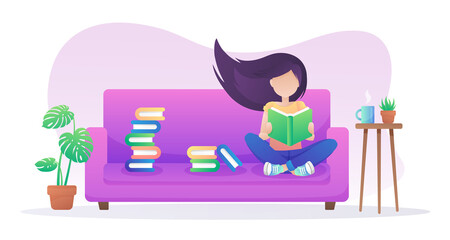 Girl sitting in purple sofa and reading book. Interior with table, plants in a pots and cup of coffee, tea, and black cat. Vector illustration isolated on white background.
