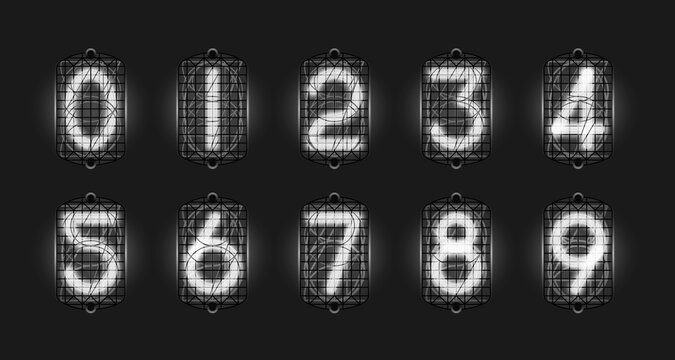 Set of retro neon numbers from white lamps in-12, nixie tube indicator, industrial lamp gas-discharge indicator, neon light on black background. Vector steampunk illustration.