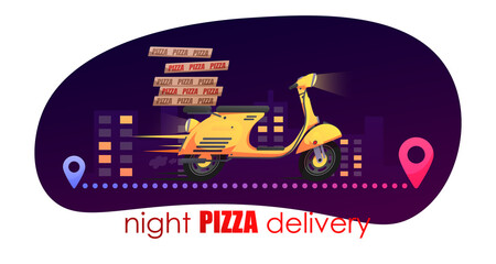 Obraz premium Yellow fast delivery retro scooter, moped, motorbike with pizza box on the way, night city, red pin on white. Vector illustration for design, flyer, poster, banner, web, advertising.