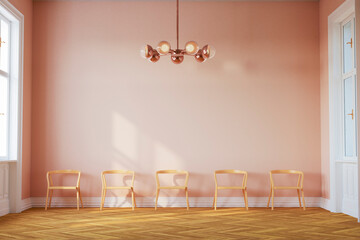 Three dimensional render of row of empty chairs in pink colored waiting room