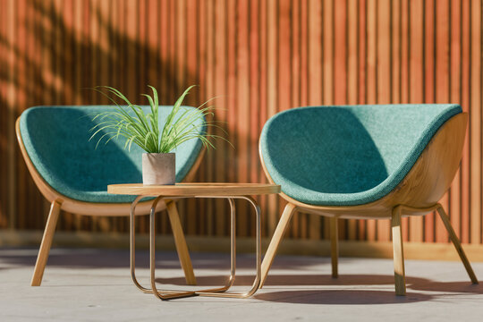 Three dimensional render of two retro styled chairs, coffee table and potted plant standing on balcony