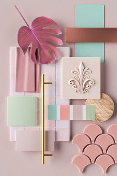 Three dimensional render of various interior design material samples