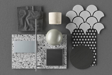 Three dimensional render of various interior design material samples