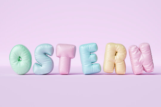 Three dimensional render of pastel colored balloons arranged into single word