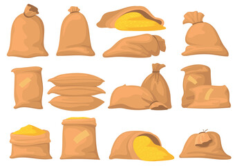 Bags of flour, rice, wheat and sugar vector illustrations set. Cartoon sacks with harvest, food isolated on white background. Agriculture, farming, agronomy, food concept