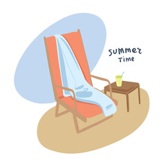 Rest by the sea. Chaise lounge, drink on the table. Beach season, hand lettering Summer time. Drawn by hand in a cartoon style. Vector illustration isolated on white background. Use for travel banners