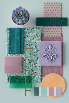 Three dimensional render of various interior design material samples