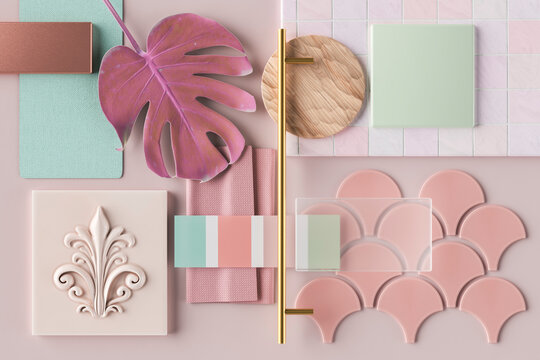 Three dimensional render of various interior design material samples