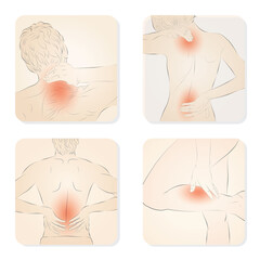 Body ache, Office syndrome The picture shows pain at various points of the body of men and women, showing neck pain, back, shoulder, calf pain.