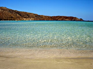 panorama of the beautiful beach of Elafonisi, a small island south of the island of Crete in Greece. 