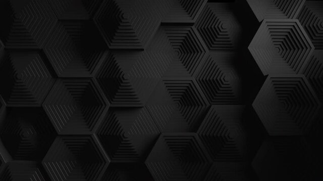 Black minimalism. A mosaic surface with moving black hexagon shapes. Abstract geometric background. Cells. The waves. 4K. 3d loop animation.