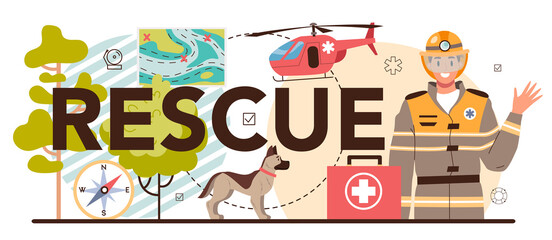 Rescue typographic header. Ambulance lifeguard in uniform assisting first aid